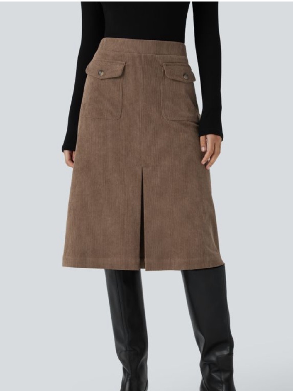 HALARA Brown Corduroy A-Line Midi Skirt with Front Pleat